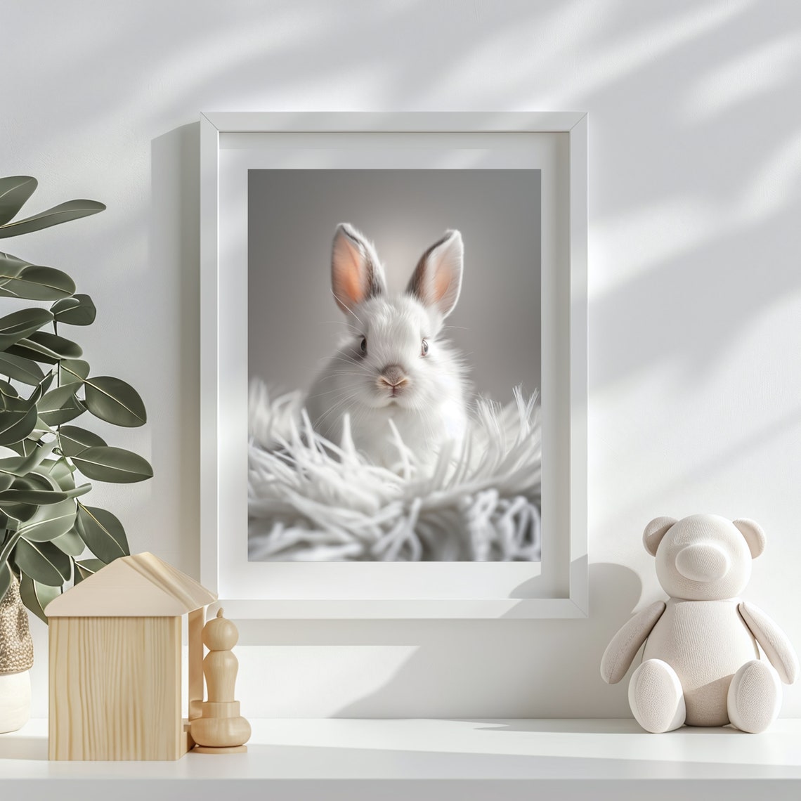 White Bunny Nursery Art Soft Neutral Cute Rabbit Wall Poster For Kids - Image 3