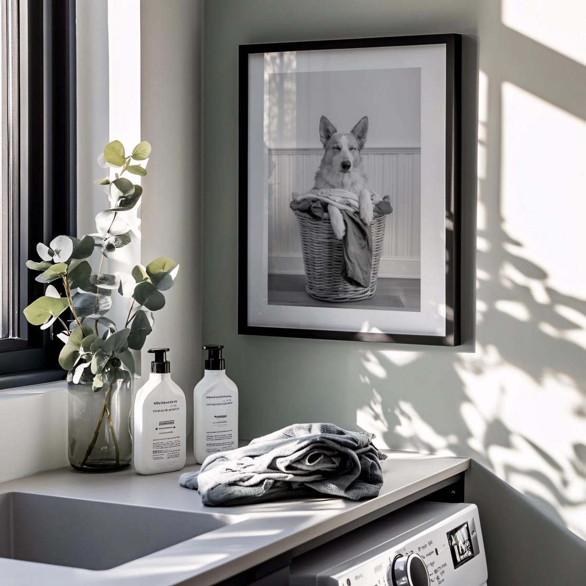 Funny Dog Sitting in a Laundry Basket Black and White Poster - Image 3