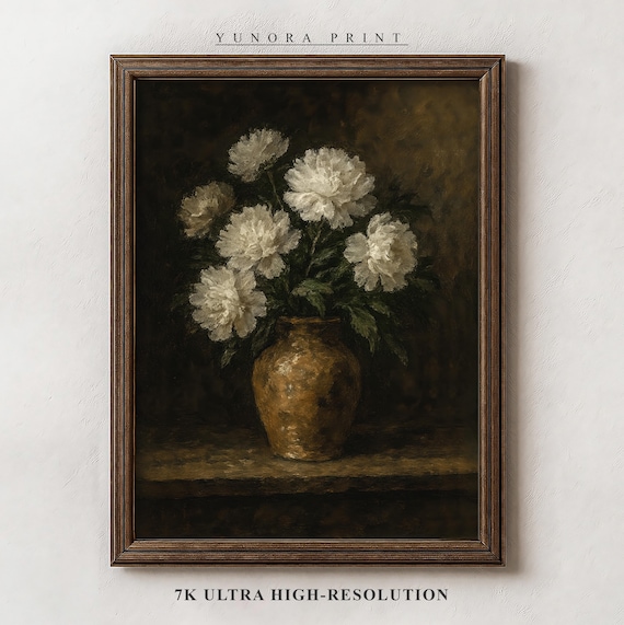 White Peonies In Bronze Vase Poster Moody Floral Still Life Painting