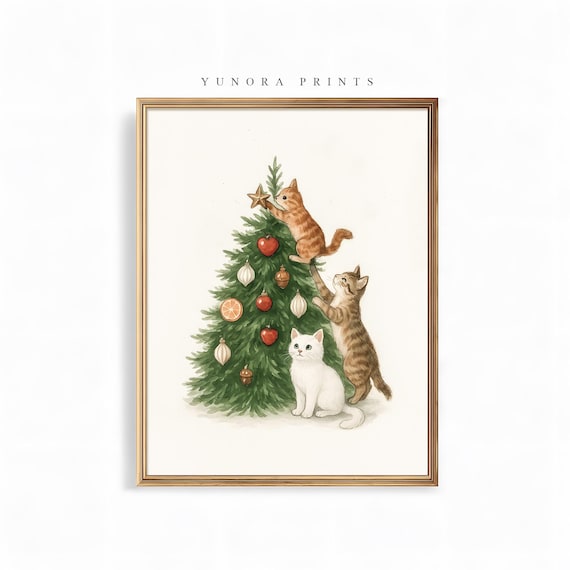 Three Kittens Christmas Tree Playful Cats Holiday Ornament Wall Print