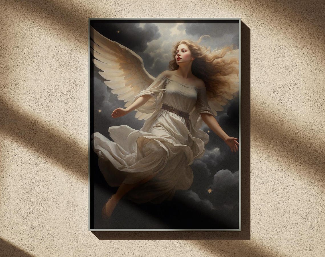 Angel Flying Night Clouds White Gown Baroque Celestial Poster
