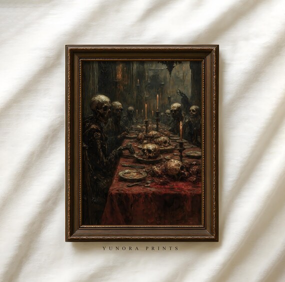 Haunted Skeleton Feast Dark Gothic Halloween Spooky Dining Horror Art