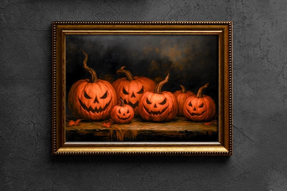 Vintage Halloween Jack O Lantern Print Spooky Pumpkin Poster Autumn Wall Art Rustic Fall Decor