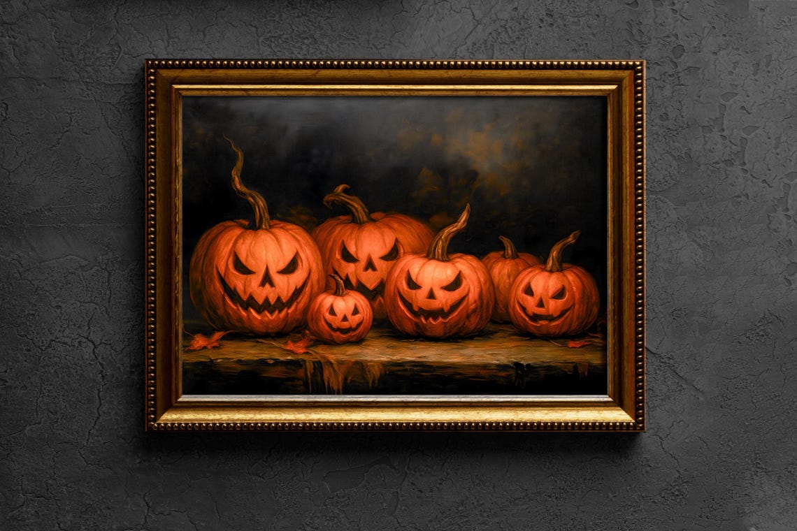 Vintage Jack O Lantern Group Oil Painting Spooky Halloween Print