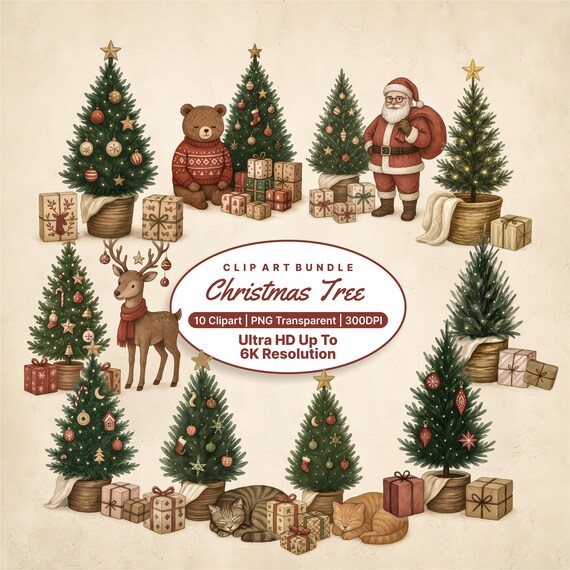 Christmas Tree Clipart Bundle Watercolor Holiday 10 Piece Wall Art