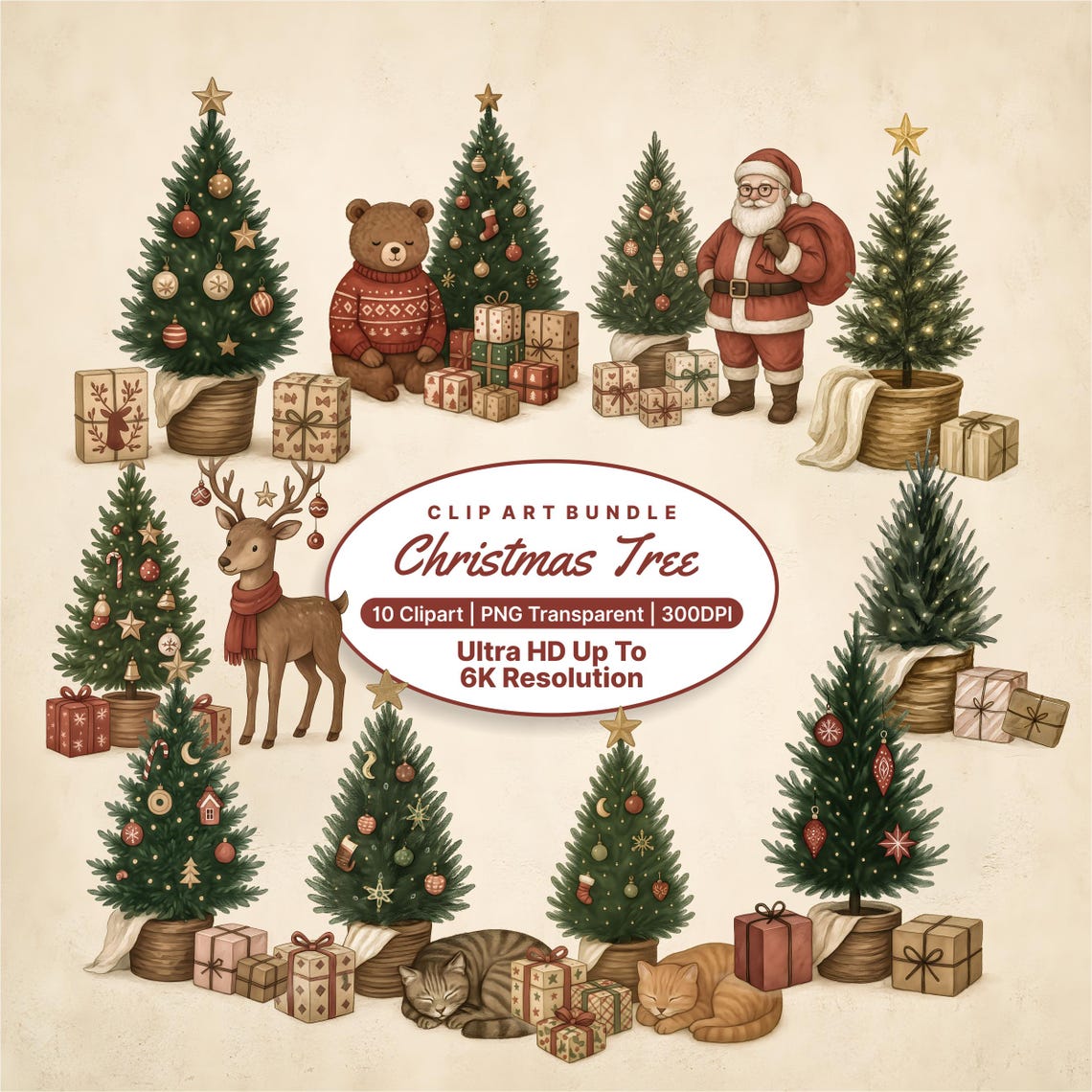 Christmas Tree Clipart Bundle Watercolor Holiday 10 Piece Wall Art