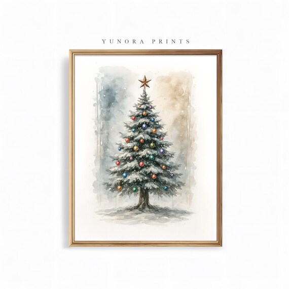 Watercolor Frosted Christmas Tree Colorful Ornaments Star Poster