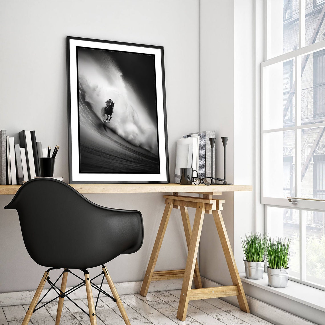 Horseback Rider Surfing a Giant Wave in Black and White Photo Poster - Image 3