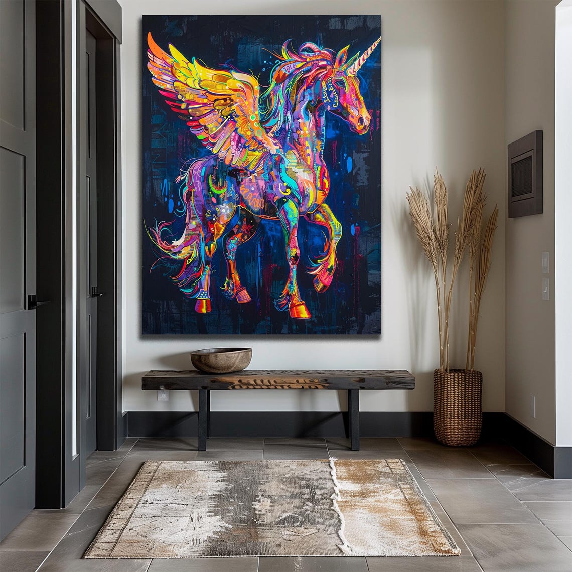 Rainbow Winged Unicorn Pegasus Graffiti Style Magical Fantasy Wall Art - Image 2