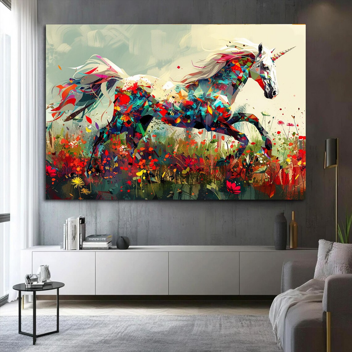 Colorful Mosaic Unicorn Galloping Through Wildflower Meadow Fantasy Wall Art - Image 3
