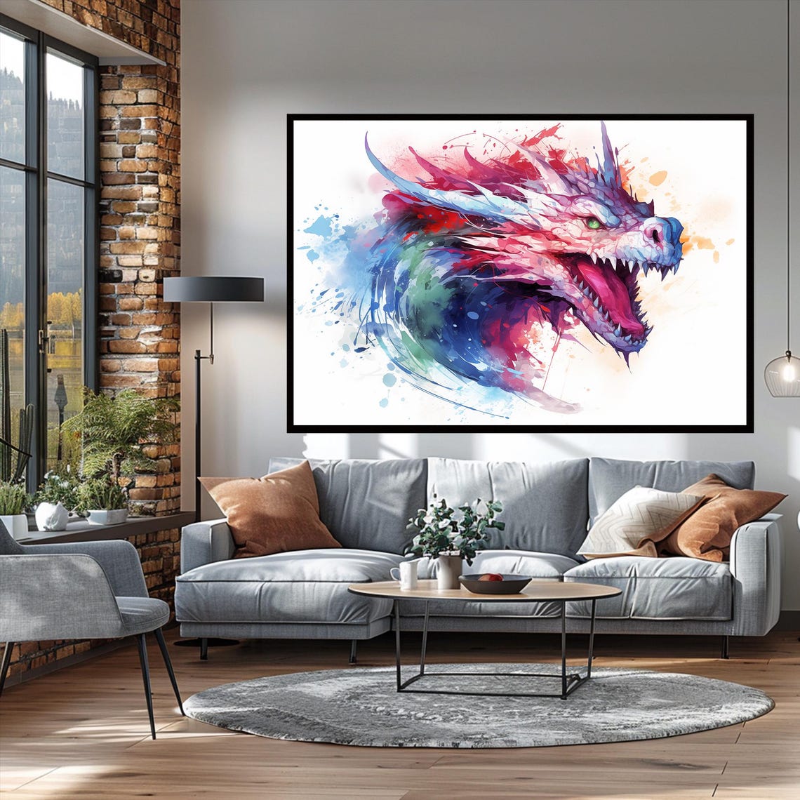 Colorful Dragon Head Watercolor Fantasy Mythical Beast Wall Art - Image 2
