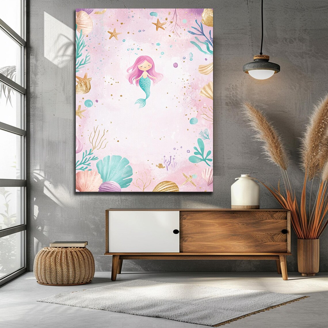 Pink Mermaid Baby Girl Nursery Watercolor Seashell Art Print - Image 2