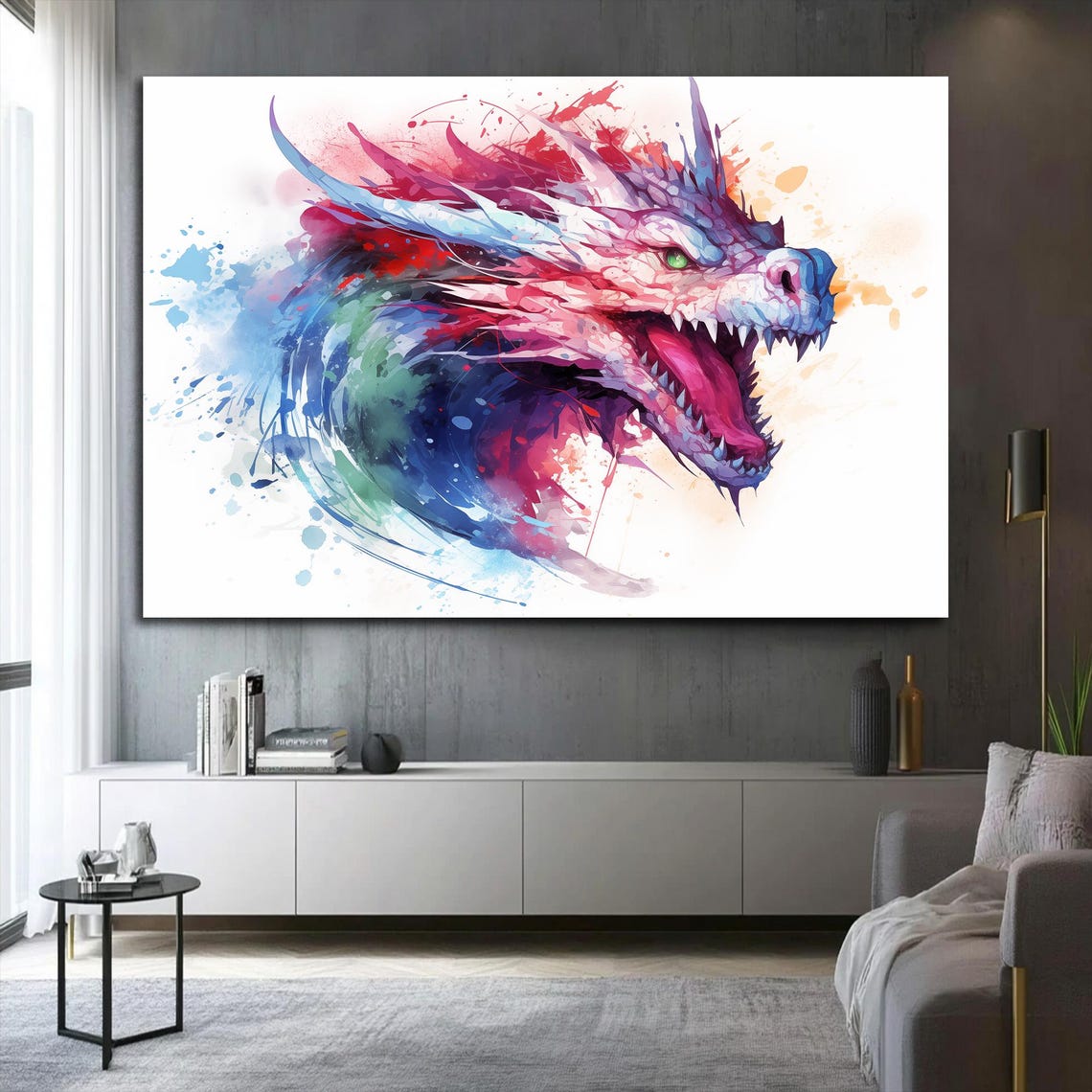 Colorful Dragon Head Watercolor Fantasy Mythical Beast Wall Art - Image 3