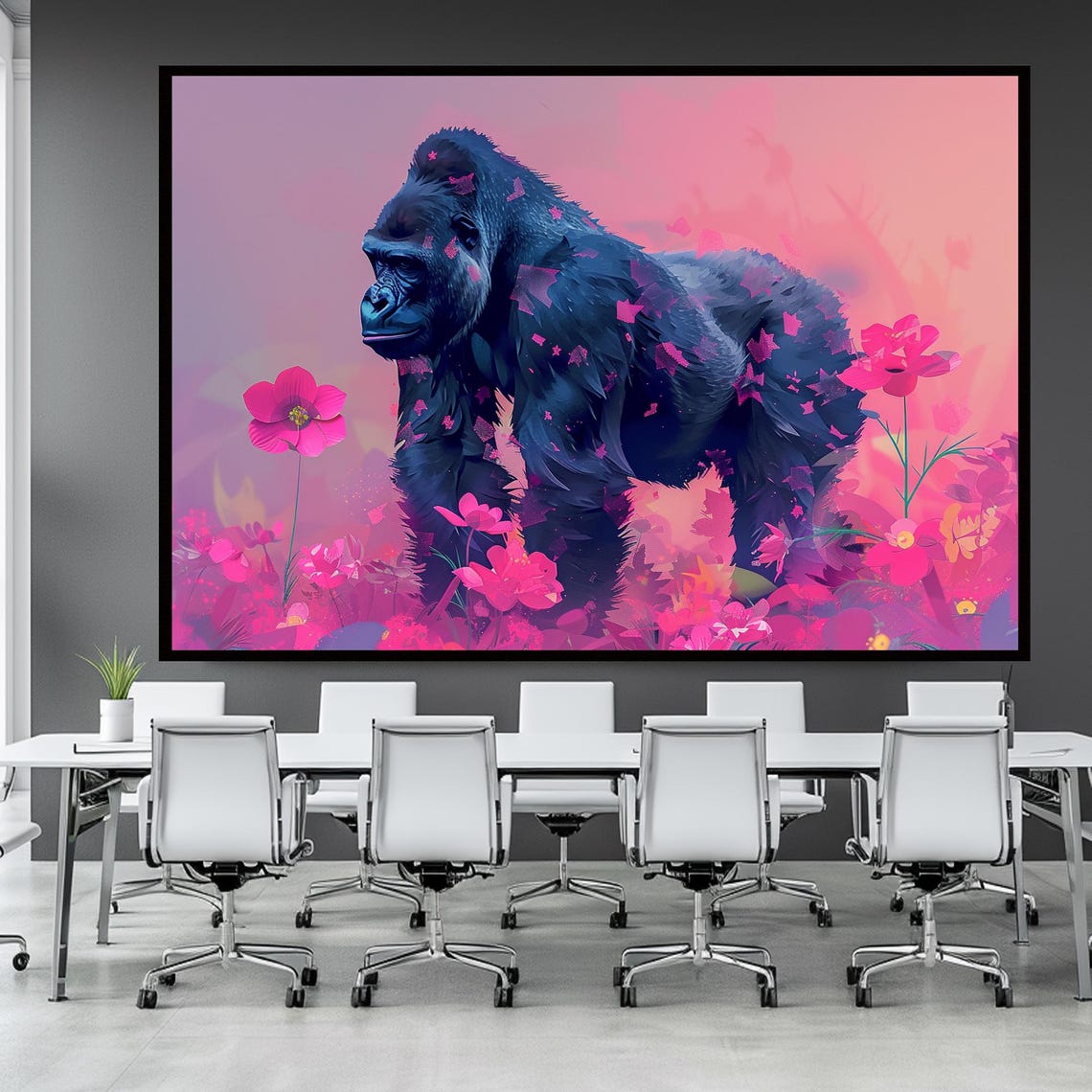 Majestic Gorilla Standing In Neon Pink Wildflower Field Animal Art Poster - Image 3