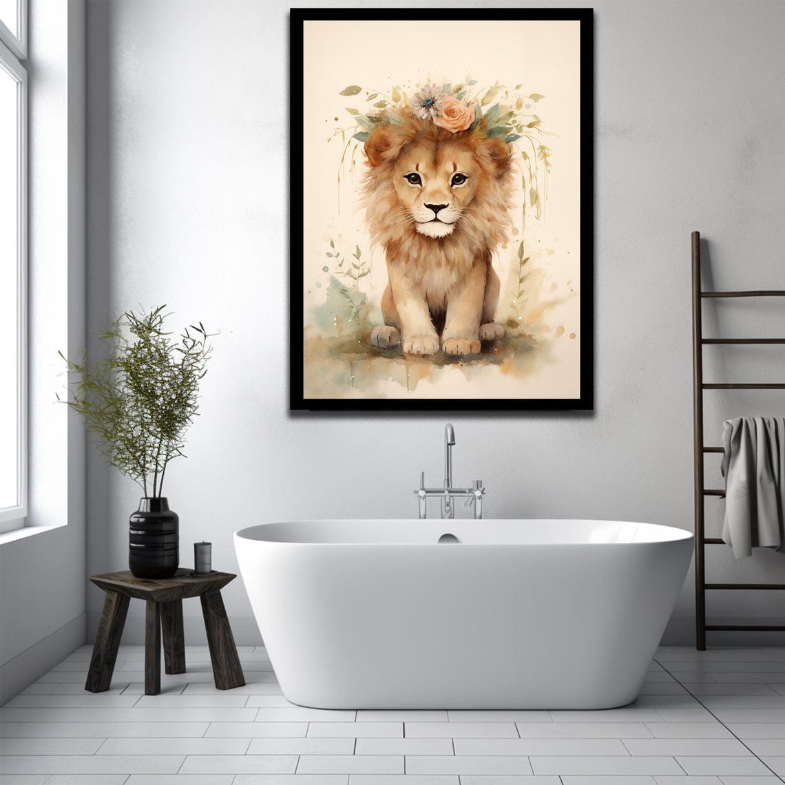 Adorable Watercolor Lion Cub Floral Crown Baby Nursery Wall Print - Image 3