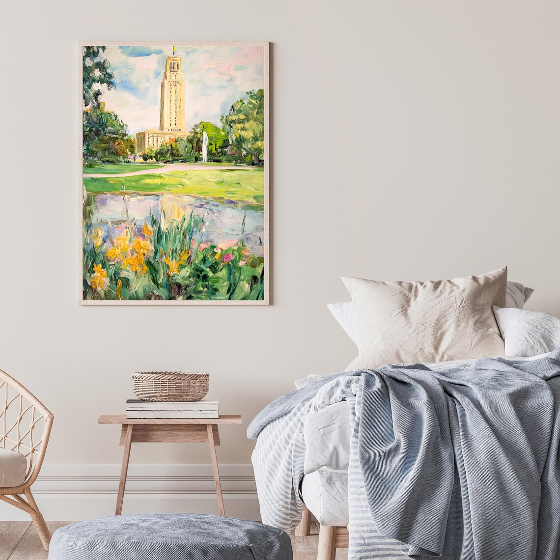 University Clock Tower Campus Pond Flower Garden Oil Painting Wall Art - Image 2