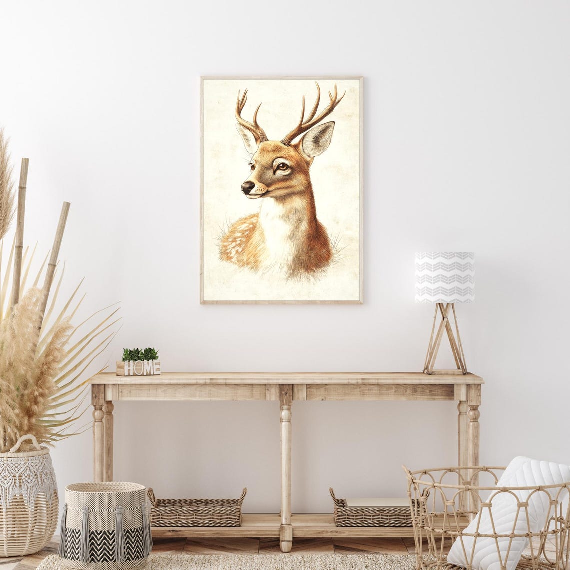 Stag Deer Portrait With Antlers Sepia Sketch Rustic Animal Wall Art - Image 3