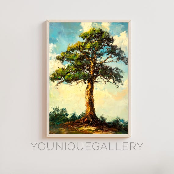 Majestic Cedar Tree Wall Art Textured Palette Knife Painting Print Nature Landscape Artwork Living Room Decor