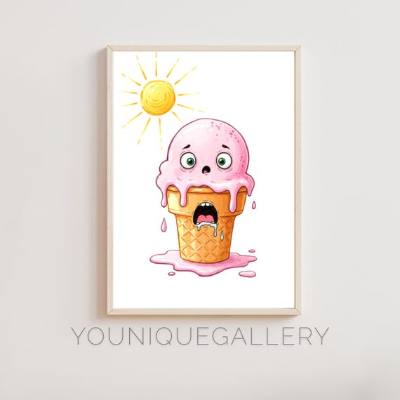 Funny Melting Ice Cream Poster Cute Food Wall Art Watercolor Kitchen Print Summer Decor Whimsical Dessert Illustration