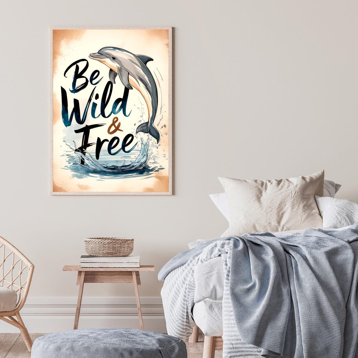 Be Wild And Free Leaping Dolphin Watercolor Ocean Quote Poster - Image 2