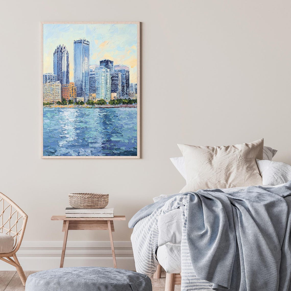 Detroit Michigan Riverfront Skyline Cityscape Oil Painting Poster - Image 2