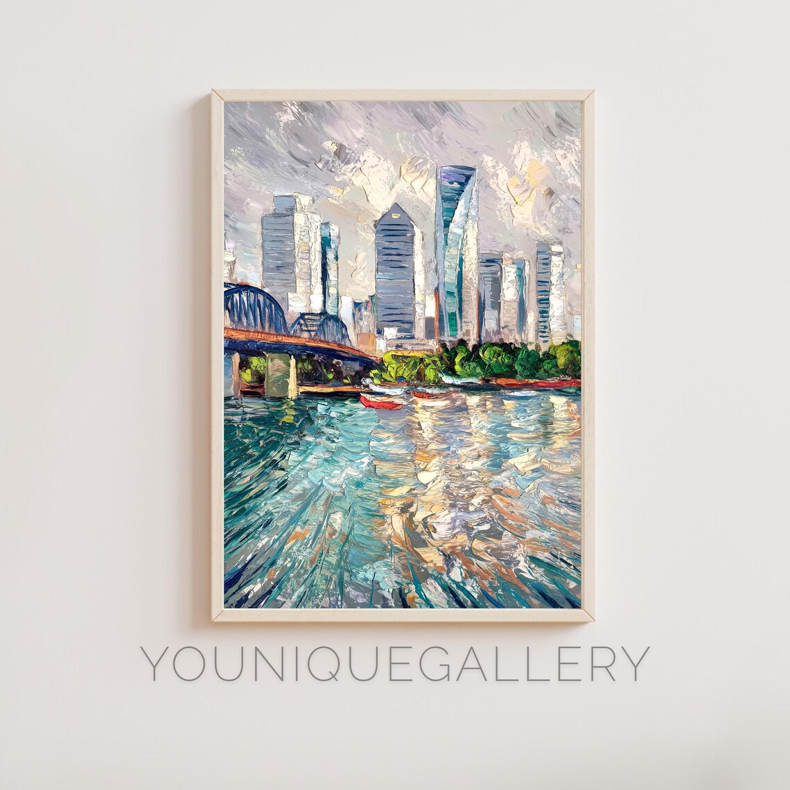 City Bridge River Boats Shimmering Water Impressionist Oil Painting Wall Art