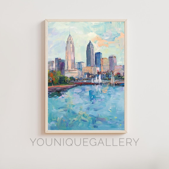 Sailboat Harbor City Skyline Impressionist Oil Painting Wall Art