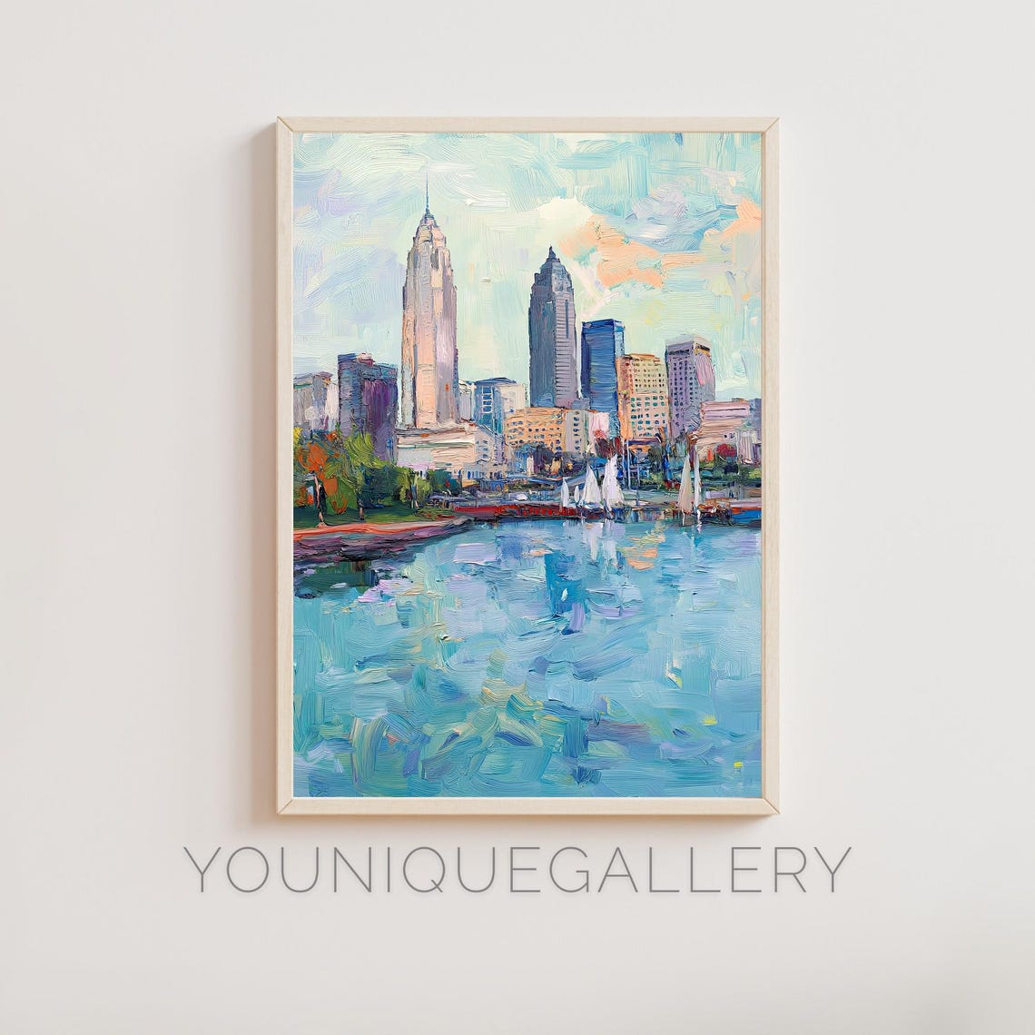 Sailboat Harbor City Skyline Impressionist Oil Painting Wall Art