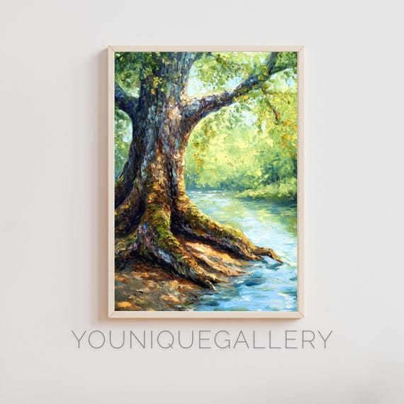 Riverside Oak Tree Print Peaceful Stream Landscape Wall Art Green Nature Scenery Tranquil Water Art Summer Forest Decor