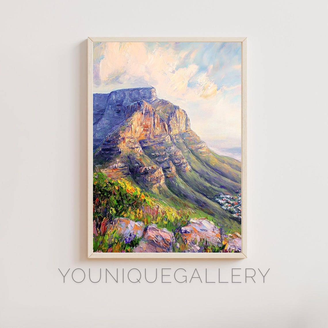 Table Mountain Cape Town Green Cliffs Sunset Glow Oil Painting Poster