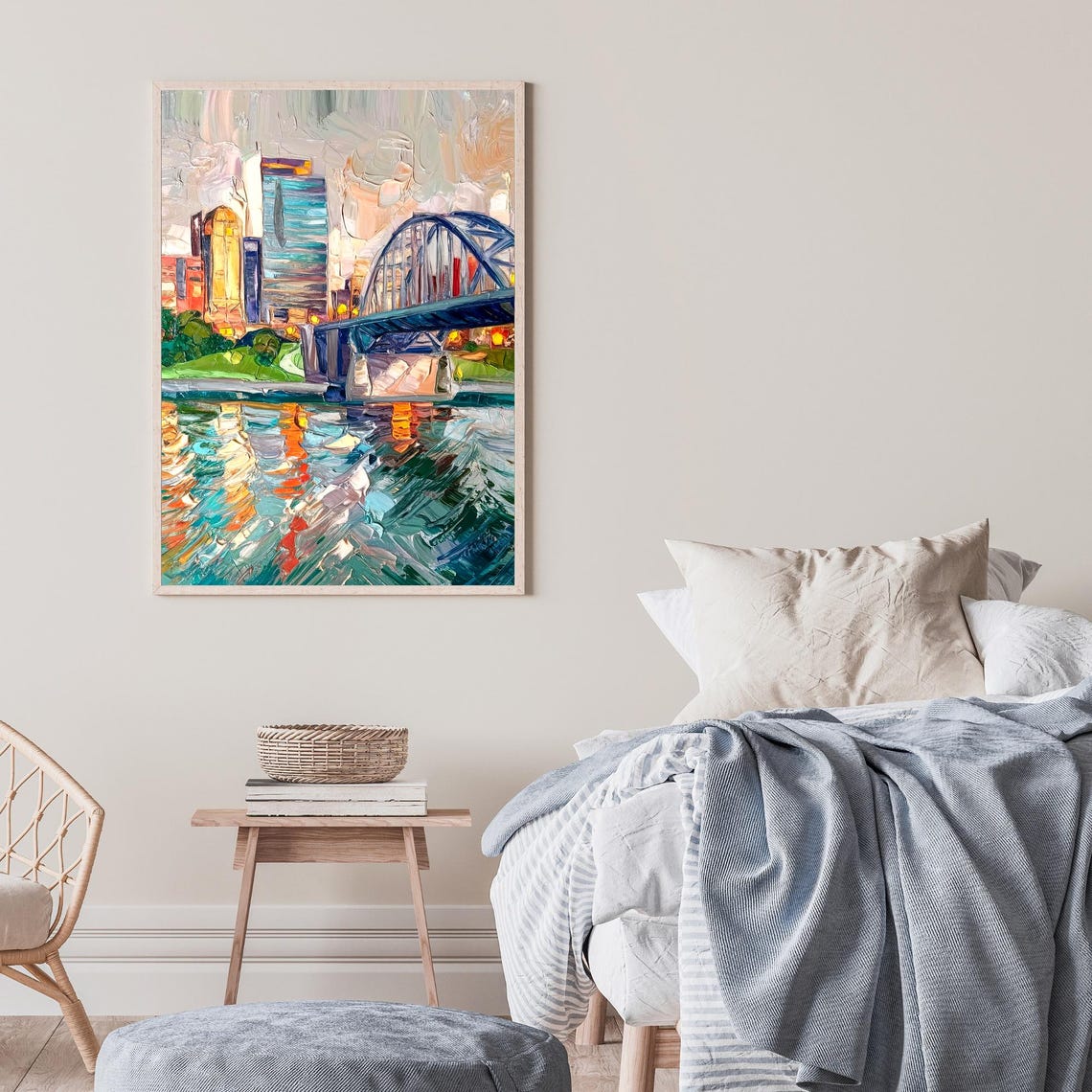 Memphis Tennessee Arch Bridge Riverfront Sunset Oil Painting Poster - Image 2
