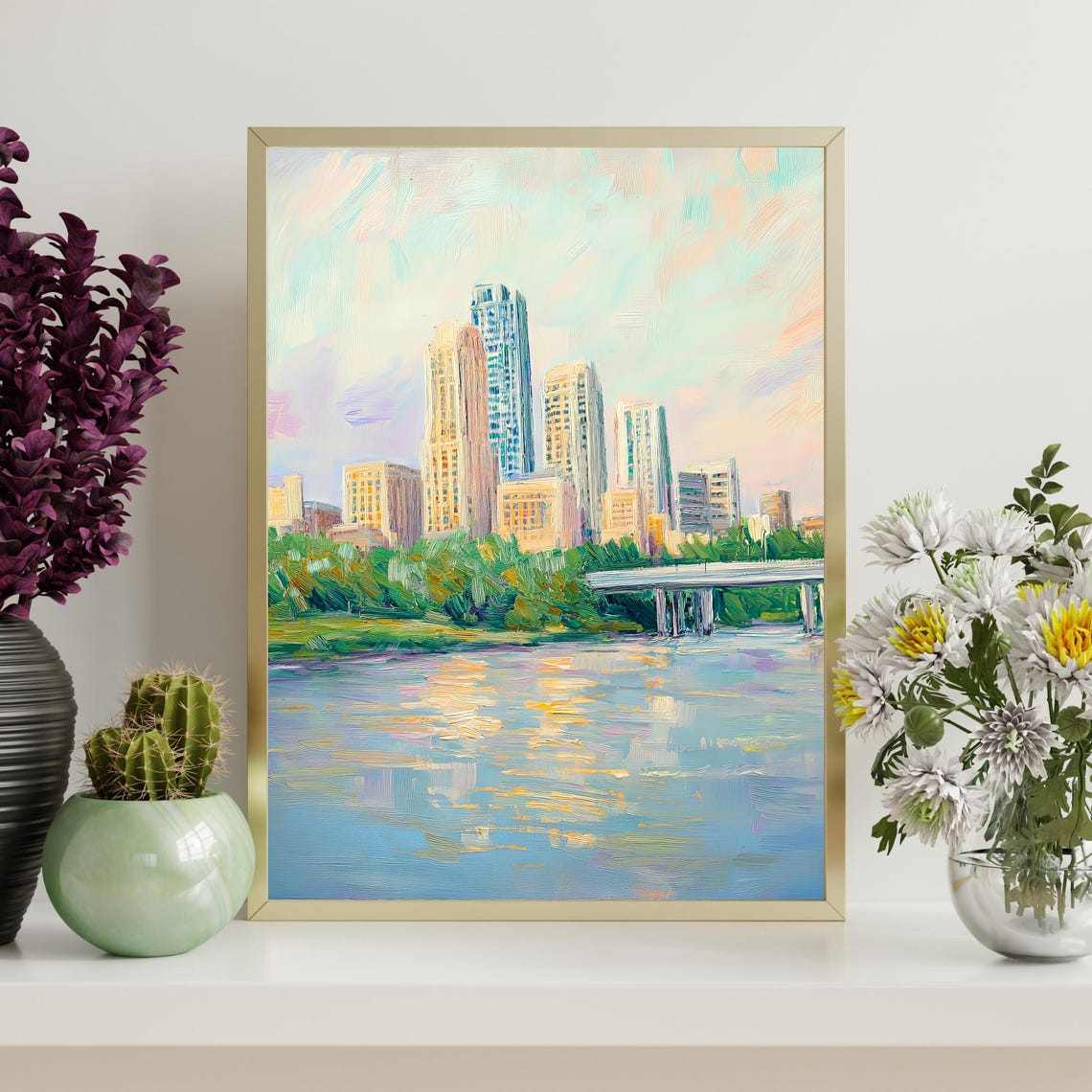 Omaha Nebraska Downtown Skyline Bridge River Oil Painting Poster - Image 4