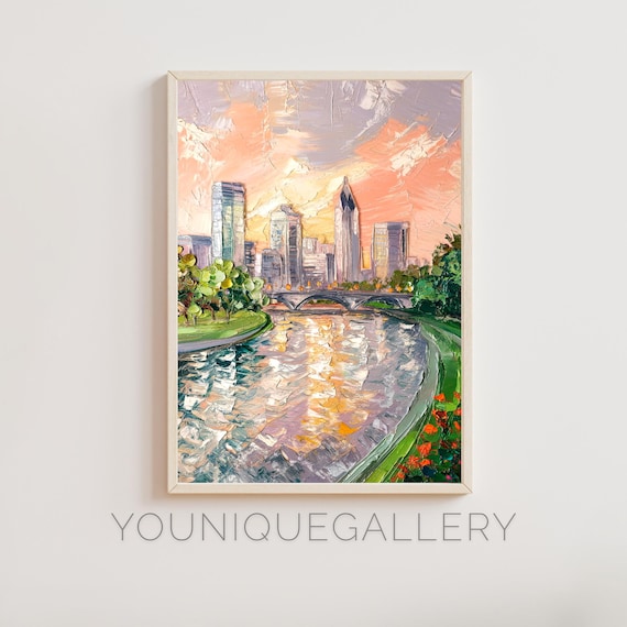 Columbus Ohio Skyline River Bridge Sunset Oil Painting Poster