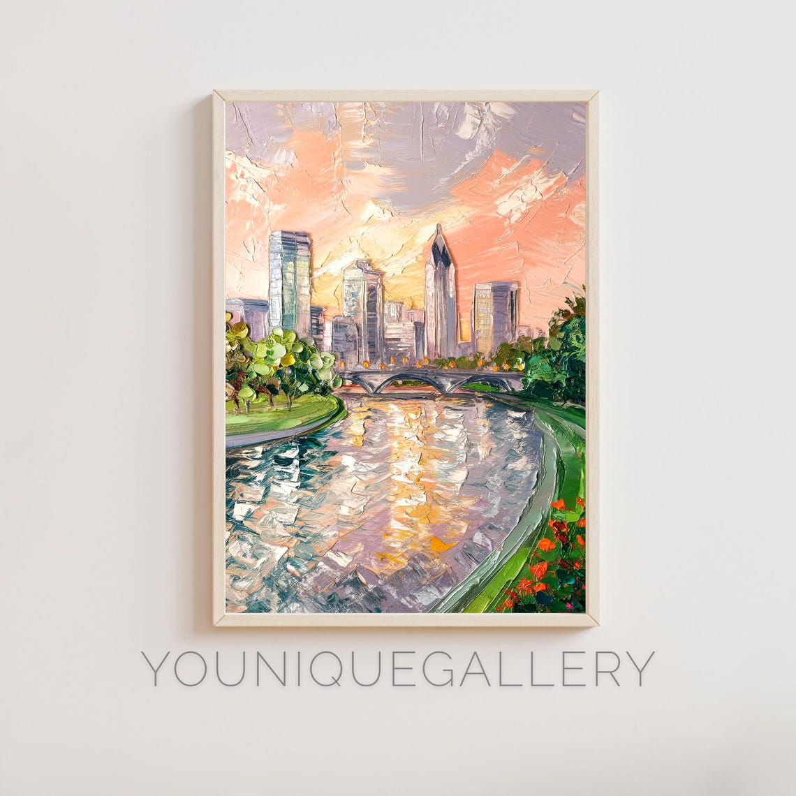 Columbus Ohio Skyline River Bridge Sunset Oil Painting Poster