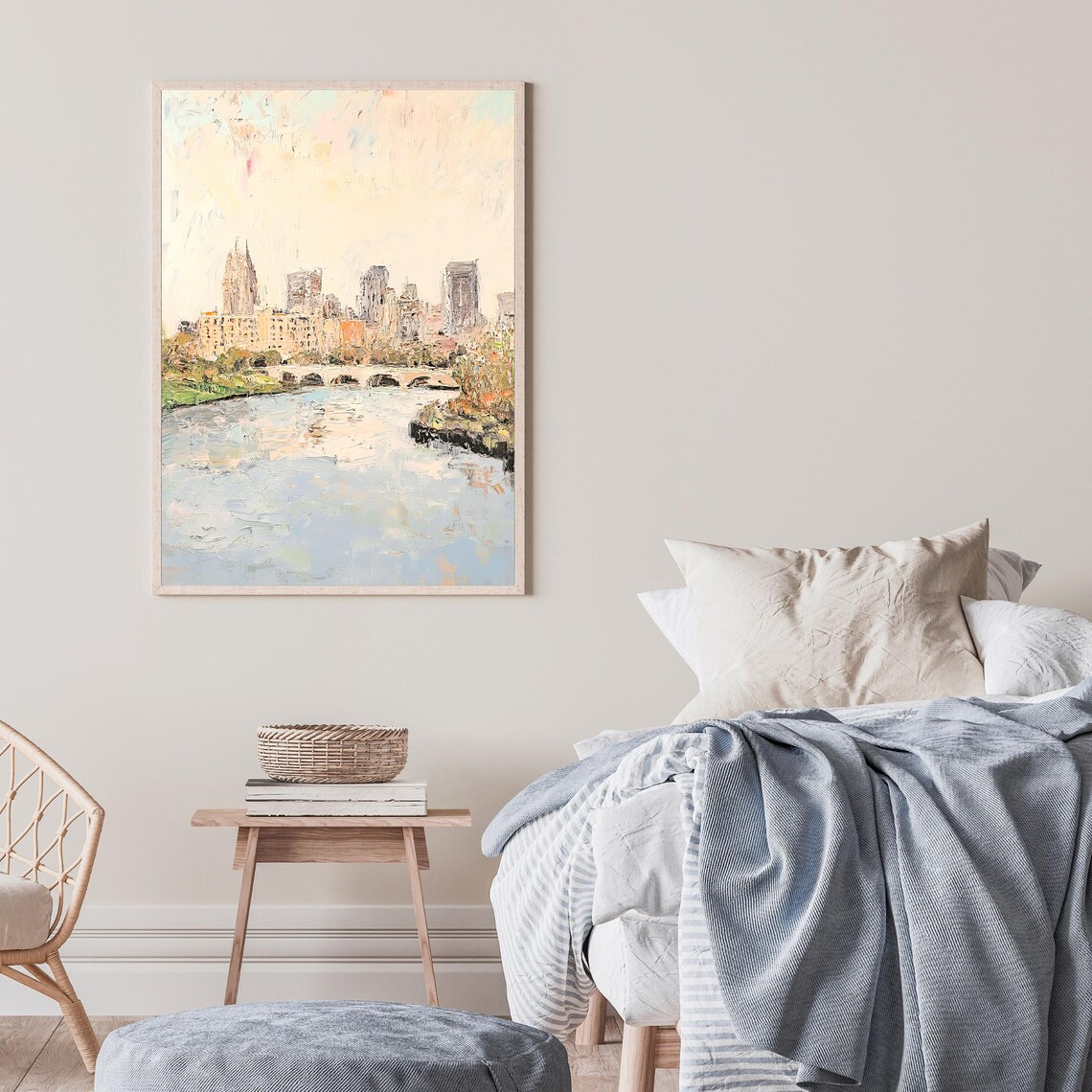 City Skyline Arched Stone Bridge River Impressionist Oil Painting Wall Art - Image 2