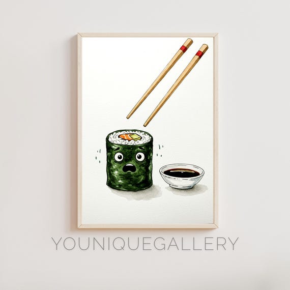 Funny Sushi Wall Art Cute Kawaii Kitchen Decor Watercolor Sushi Print Japanese Food Illustration Poster