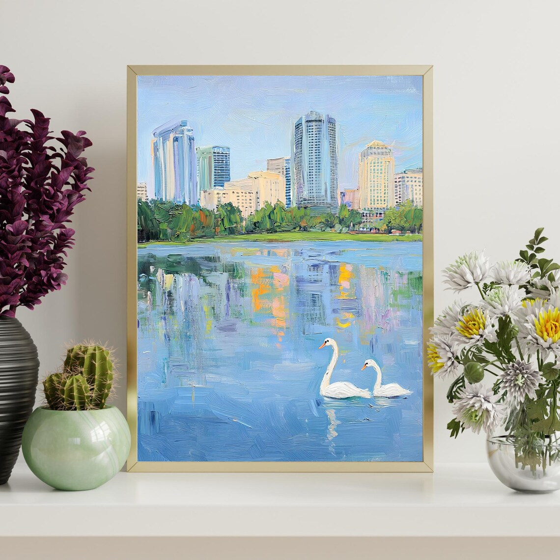 Orlando FL Swan Scene Art Print, City Skyline Reflection - Image 4