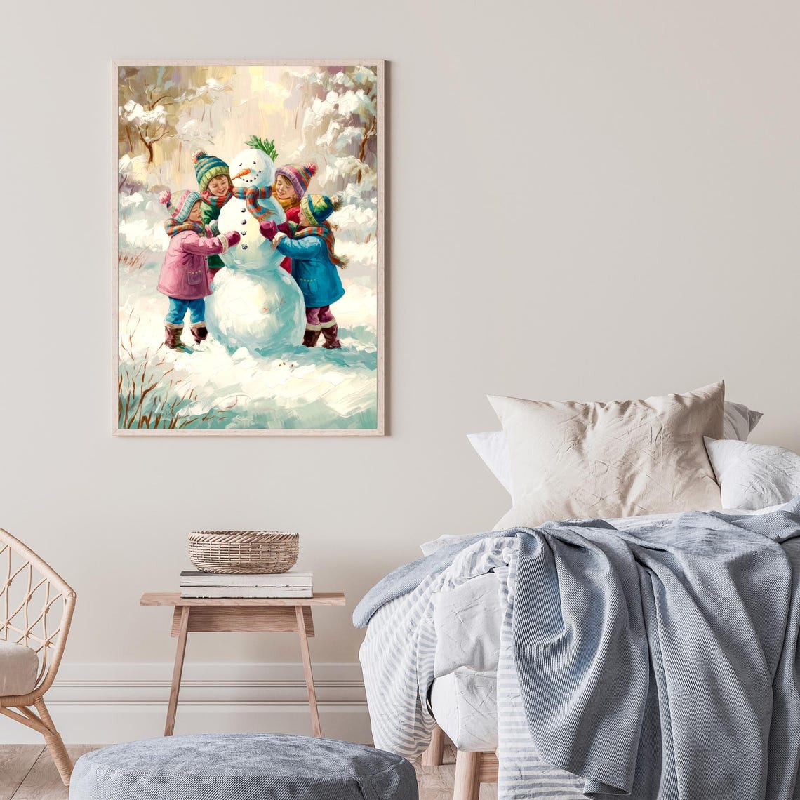 Kids Building a Snowman Vintage Winter Scene Oil Painting Poster - Image 3