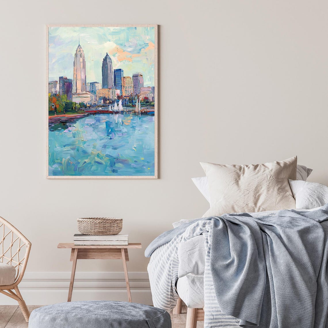 Sailboat Harbor City Skyline Impressionist Oil Painting Wall Art - Image 2