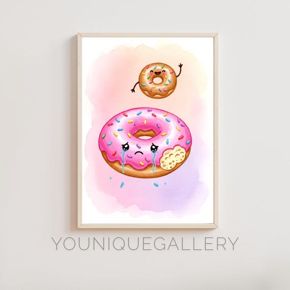 Funny Watercolor Donut Art Cute Kawaii Crying Donut Wall Decor Whimsical Dessert Illustration Kitchen Wall Art Food Lover Gift