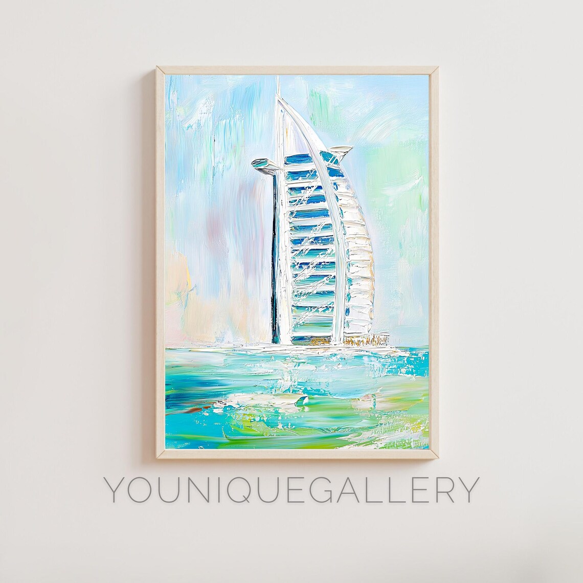 Burj Al Arab Dubai Sail Hotel Turquoise Ocean Pastel Oil Art Poster