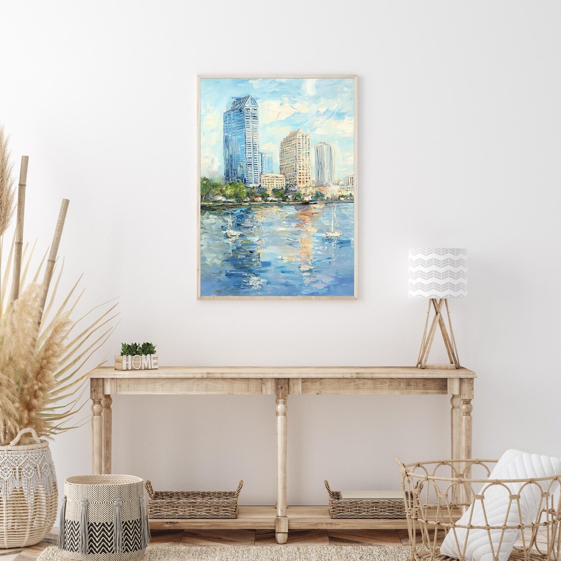 City Waterfront Skyline Sailboats Impressionist Oil Painting Print - Image 3