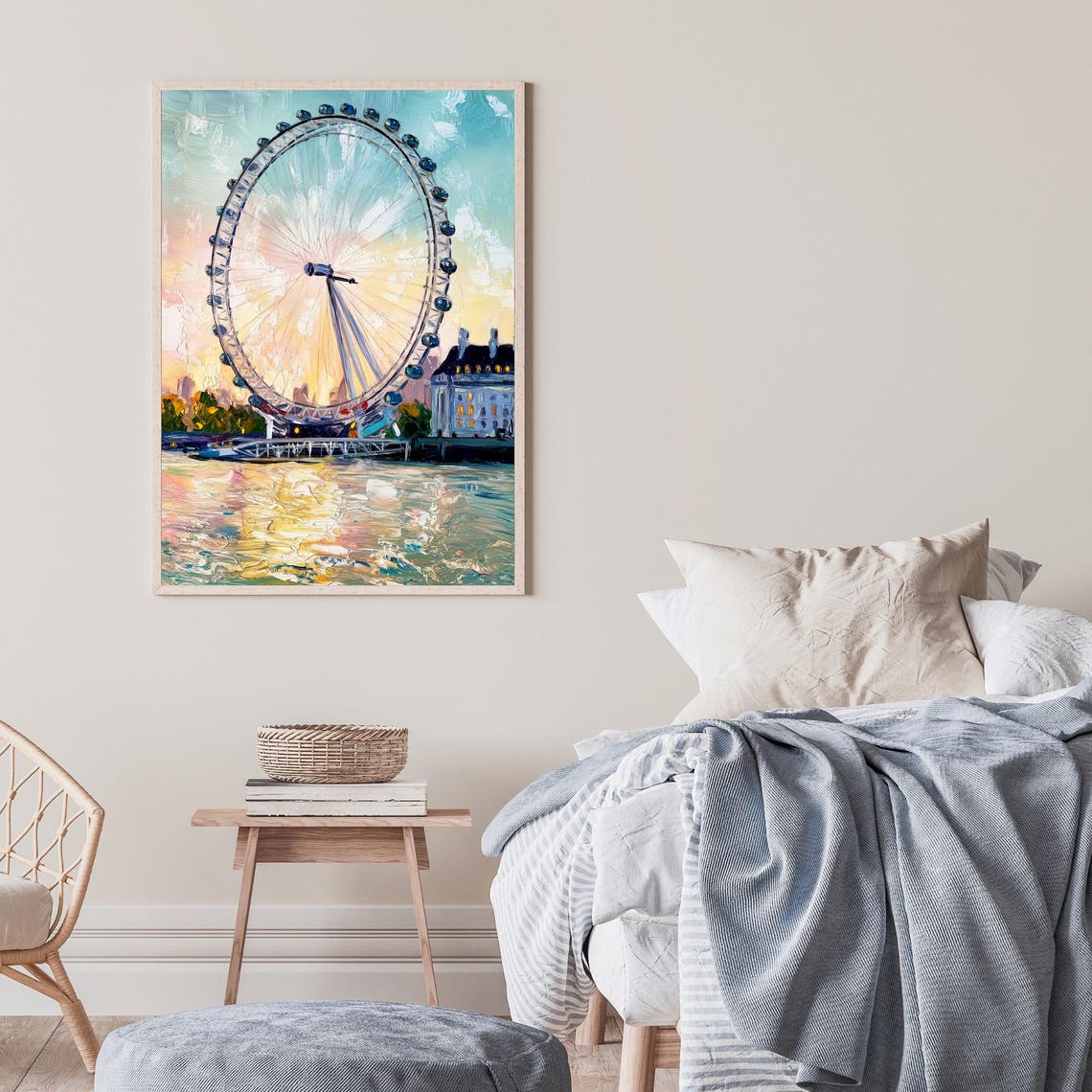 London Eye Sunset Thames River Golden Sky Impasto Oil Art Poster - Image 2