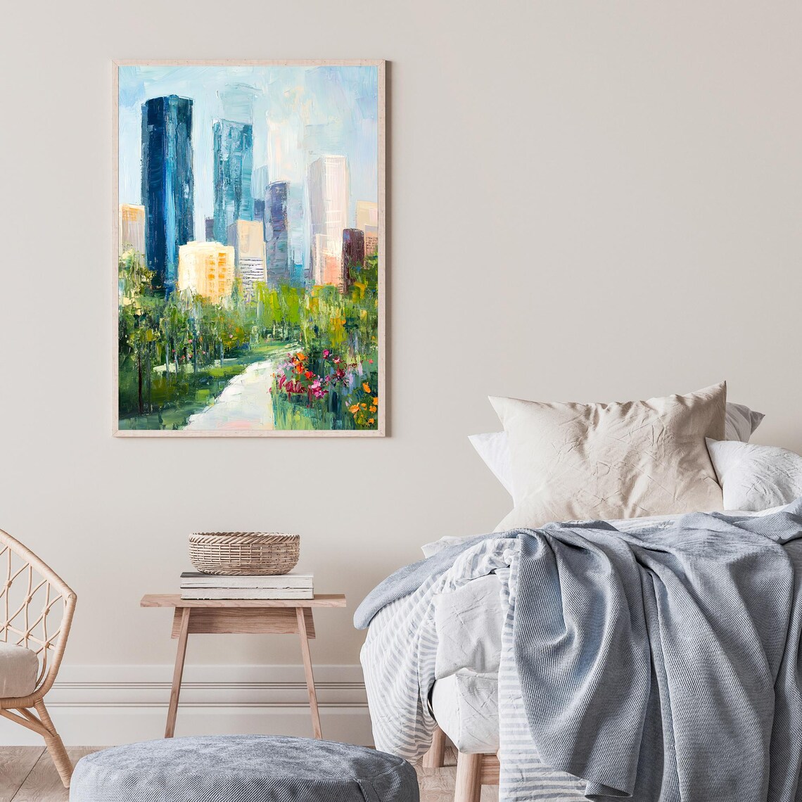Houston Skyline Urban Park Garden Flowers Modern Cityscape Oil Poster - Image 2