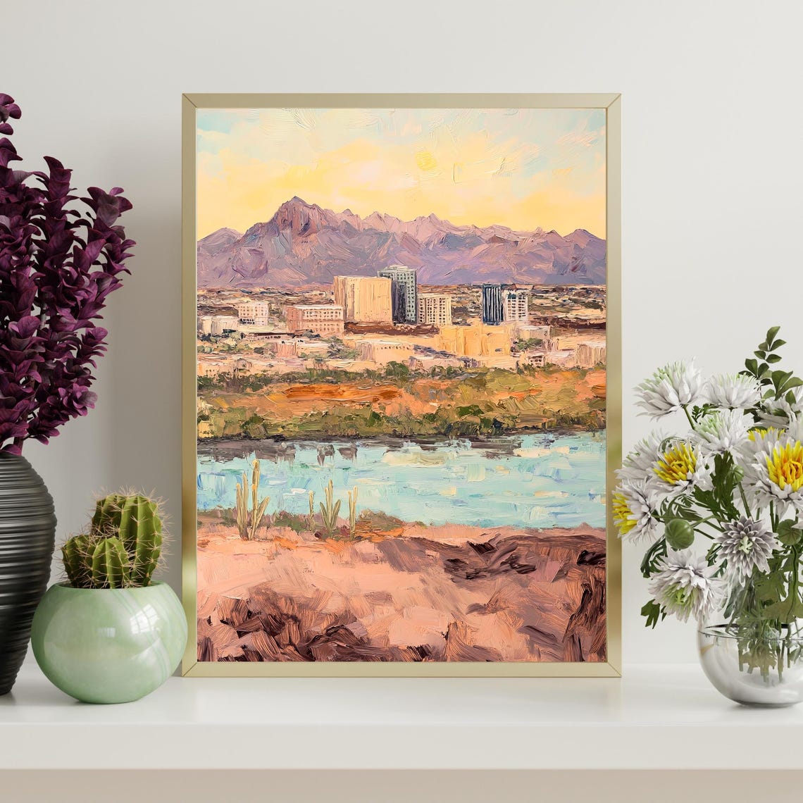 El Paso Texas Desert Mountain Cityscape Sunset Oil Painting Poster - Image 4