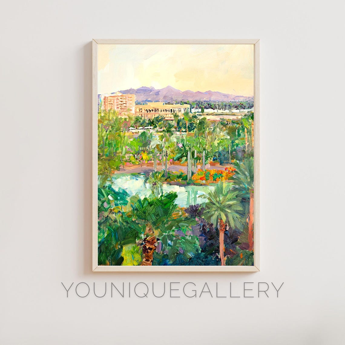 Desert City Palm Trees Lake Mountain Oasis Impressionist Oil Wall Art