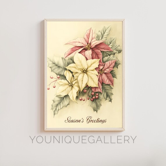 Seasons Greetings Poinsettia Vintage Floral Holiday Art Poster
