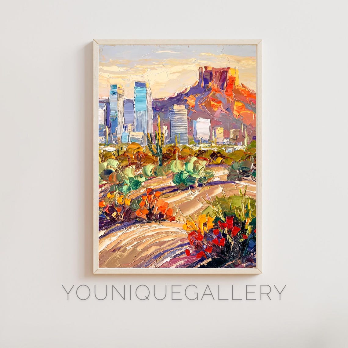 Phoenix Desert Camelback Mountain Saguaro Cactus Sunset Oil Art Poster