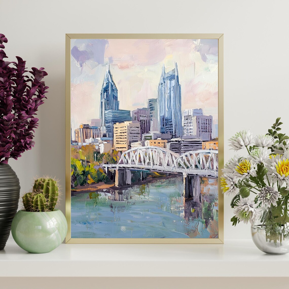 Nashville Tennessee Skyline Bridge River Sunset Oil Painting Poster - Image 4