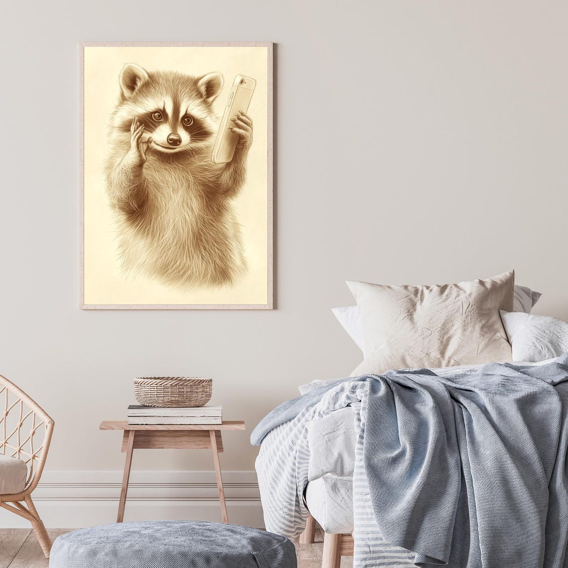 Funny Raccoon Selfie Sepia Sketch Cute Wildlife Animal Wall Art - Image 2